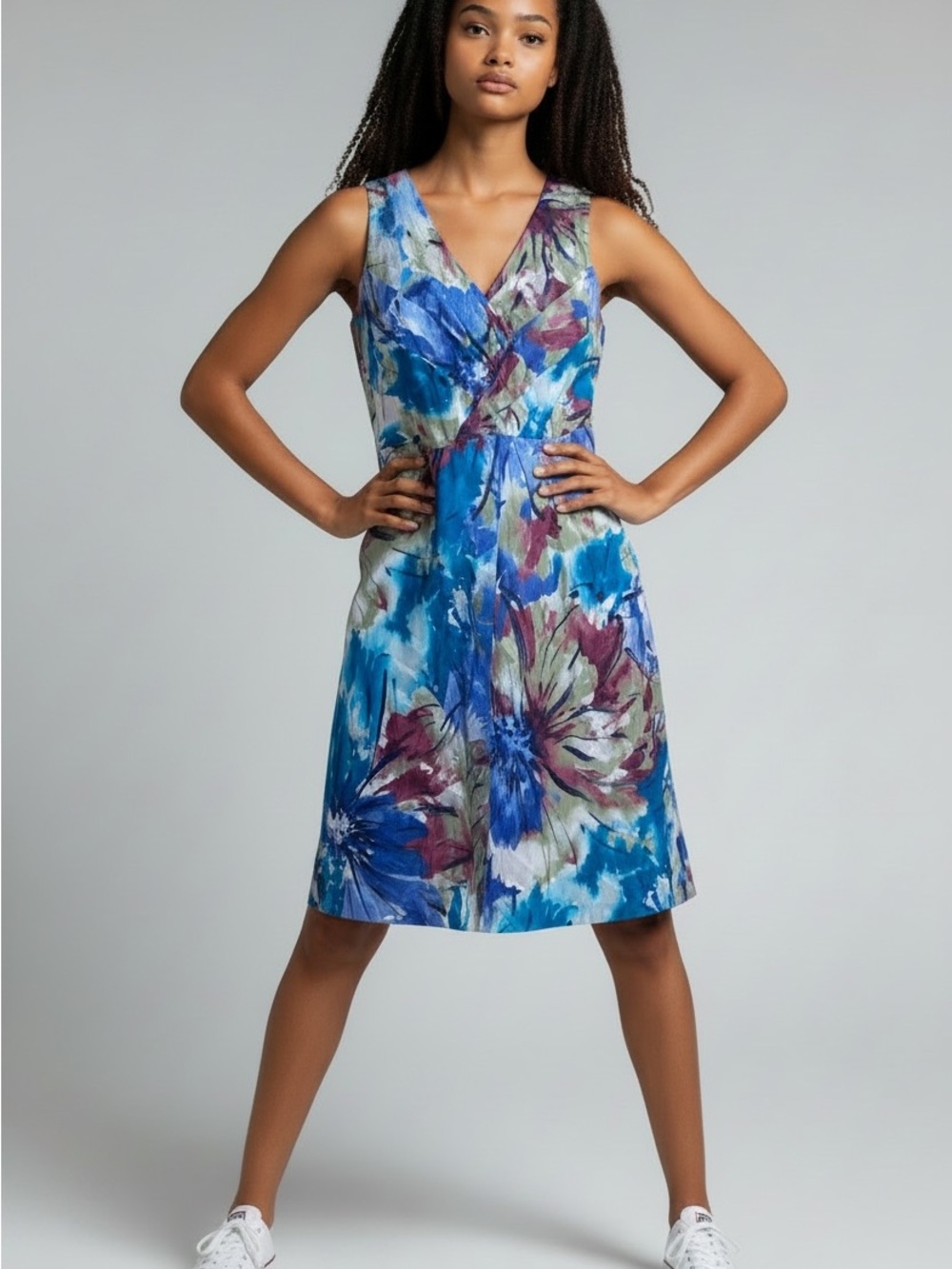 Robbie Bee Dress Womens 16 Blu Floral Fit & Flare V-Neck Sleeveless Lined A-Line